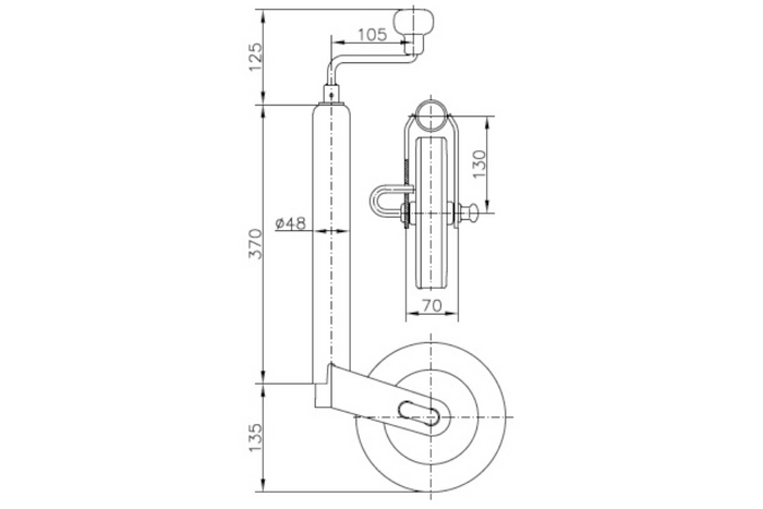 UNITRAILER stödhjul 150kg 48mm 505-730mm